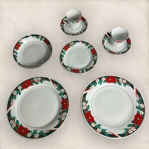Tienshan Poinsettia Holly Fine China Deck the Halls Tea Cup Saucer Bowl Plates
